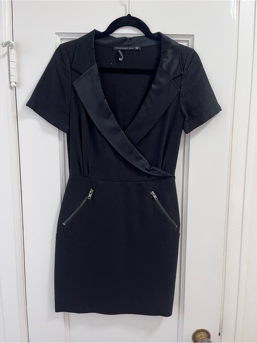 Mackage Mini Sheath Dress with Silk Combo Lapel, Black, Size 4
